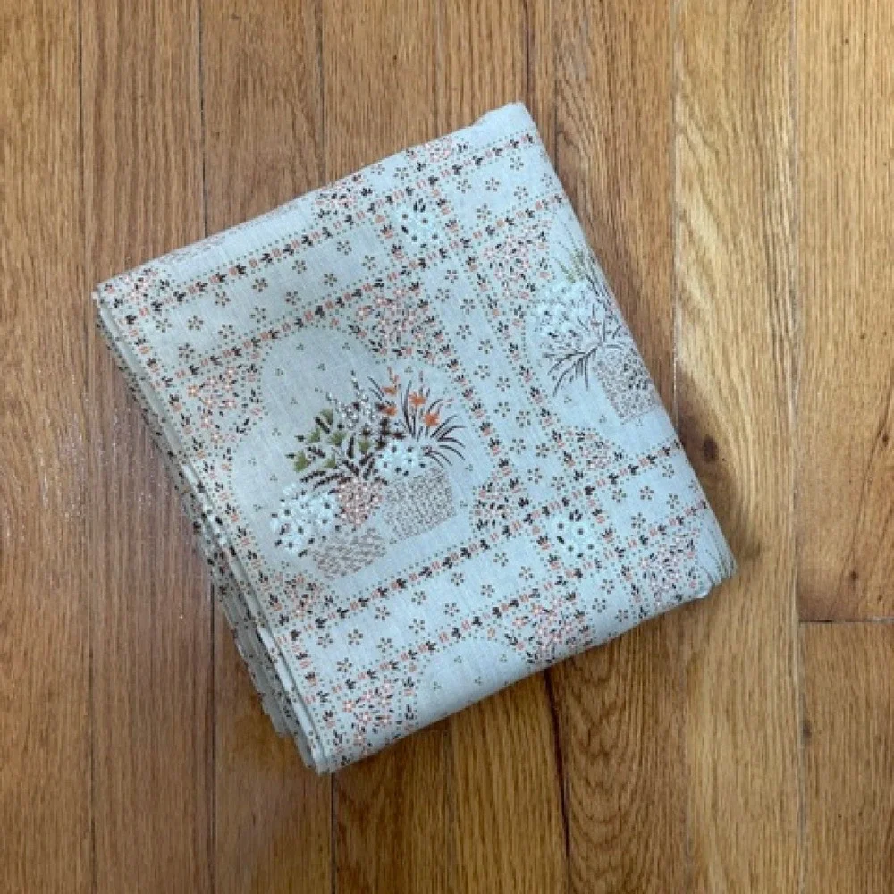 Vintage tan shower curtain baskets and flowers Ames